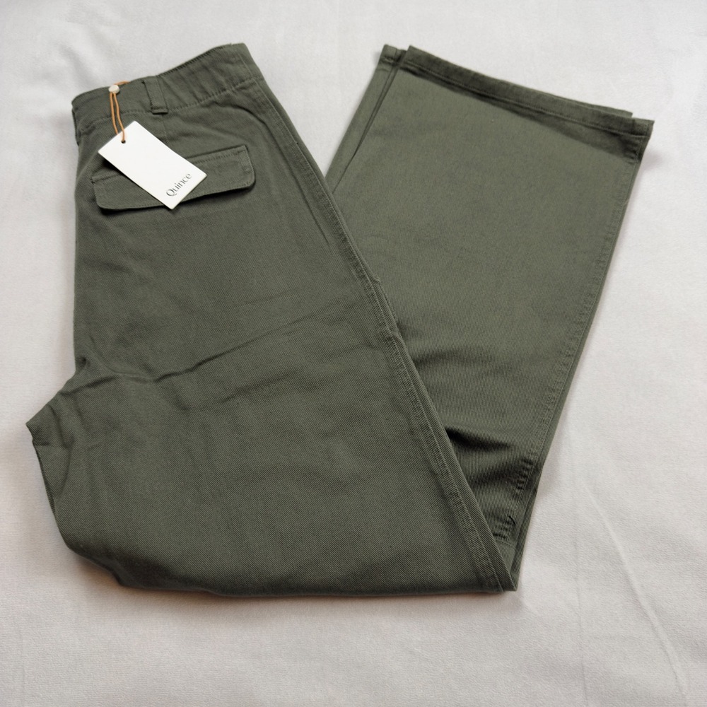 Quince Organic Stretch Cotton Twill Cargo Pants Loden Green Wide Leg Size 10 NWT